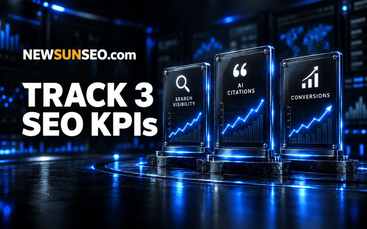 Glowing digital podiums display SEO KPIs as ascending Analytics charts in blue