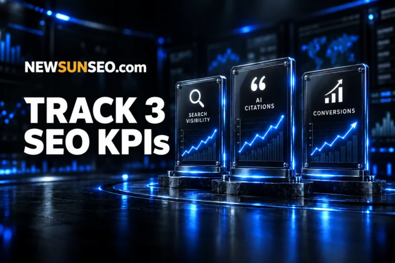 Glowing digital podiums display SEO KPIs as ascending Analytics charts in blue