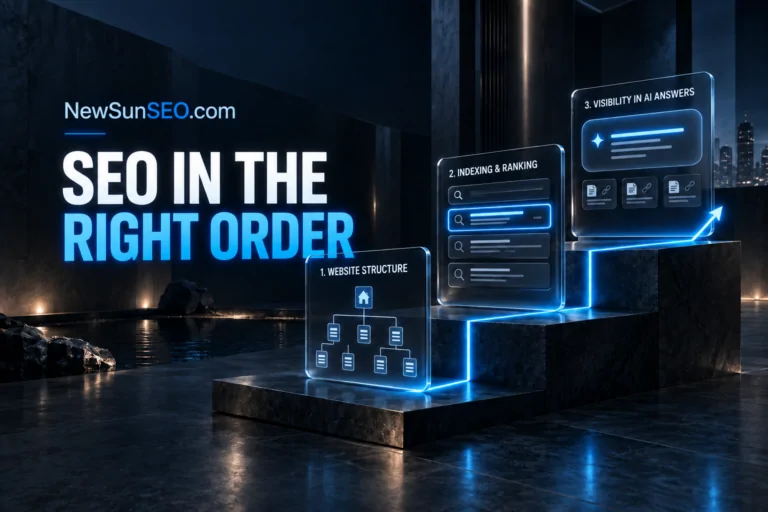 Stepped podium showing SEO for a new website rollout sequence
