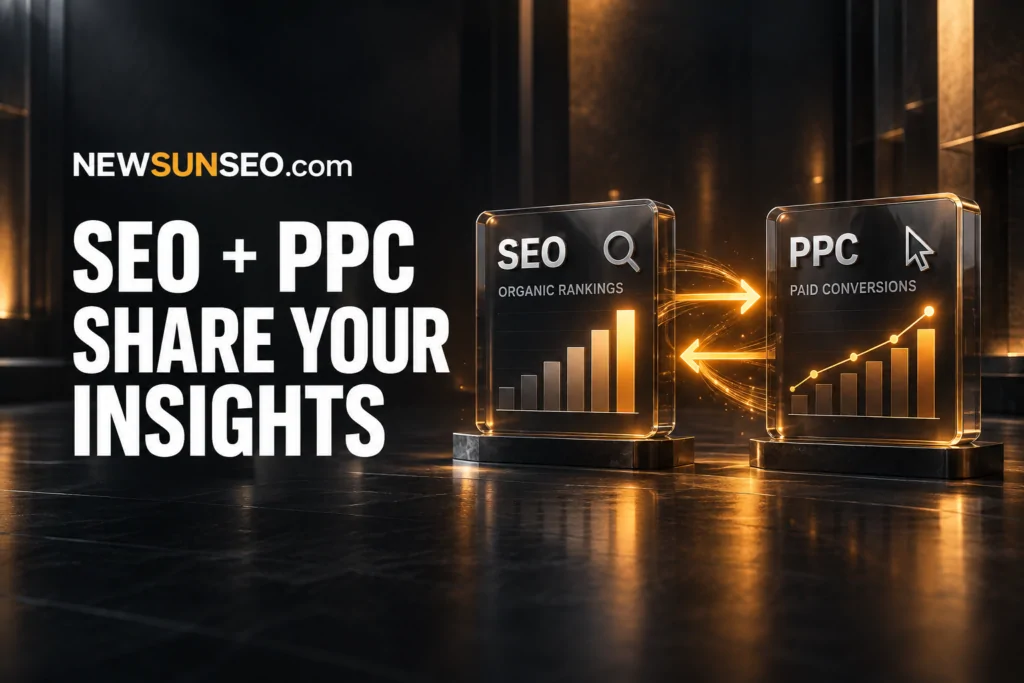 Two glowing panels exchanging data to integrate SEO and PPC insights