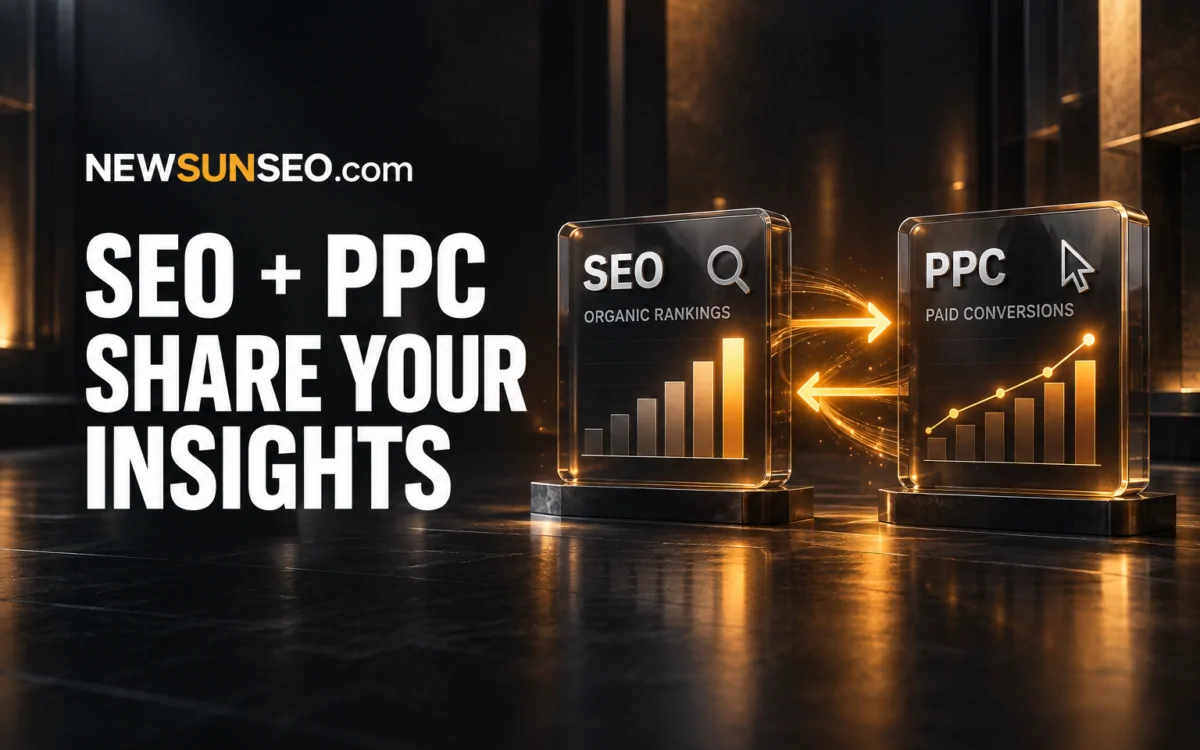 Two glowing panels exchanging data to integrate SEO and PPC insights