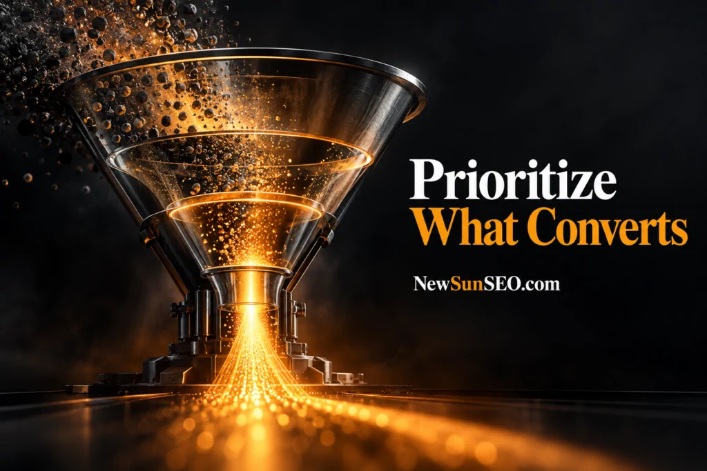 Glowing particles flowing through a funnel representing SEO priorities