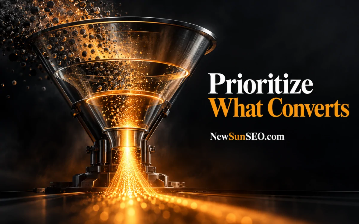 Glowing particles flowing through a funnel representing SEO priorities