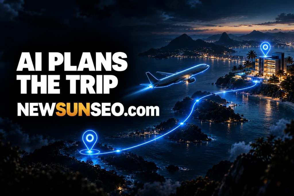 Airplane Flying along a glowing route toward a coastal destination for trip-planning features