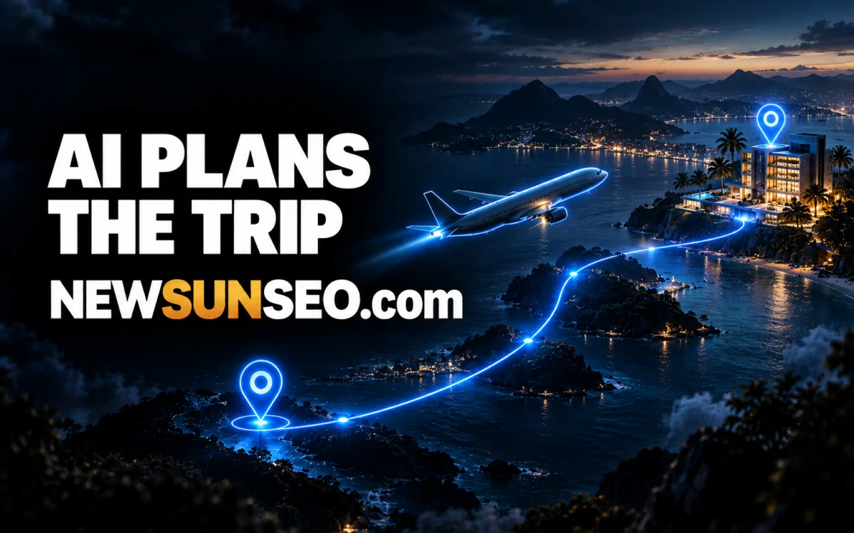 Airplane Flying along a glowing route toward a coastal destination for trip-planning features
