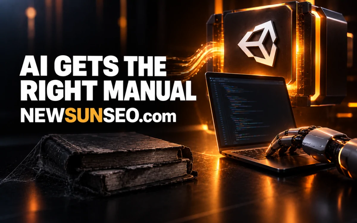 Robotic hand typing code on a laptop beside a worn manual for Unity plugins
