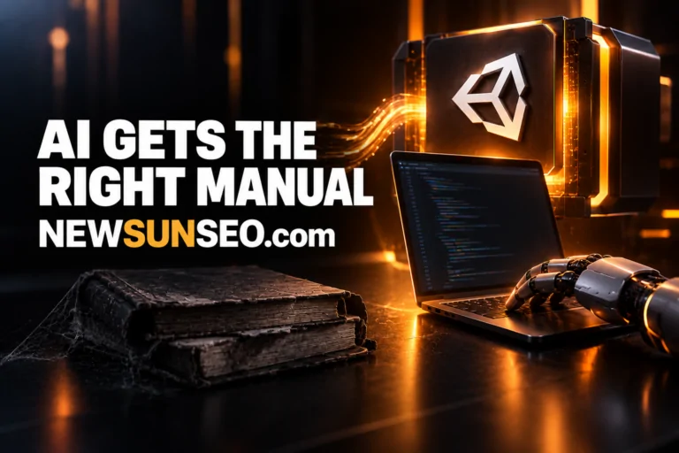 Robotic hand typing code on a laptop beside a worn manual for Unity plugins