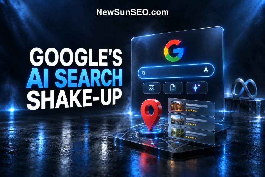 Weekly search news graphic showing Google AI search interface and location pin