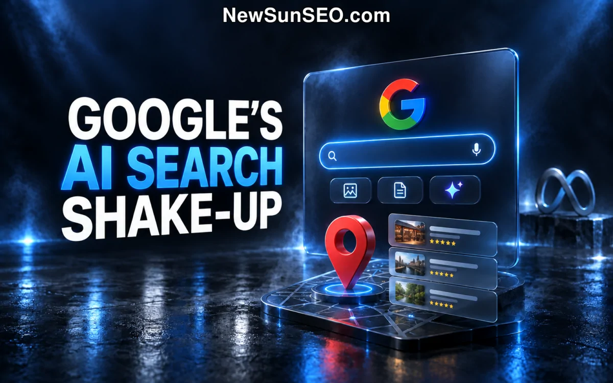 Weekly search news graphic showing Google AI search interface and location pin