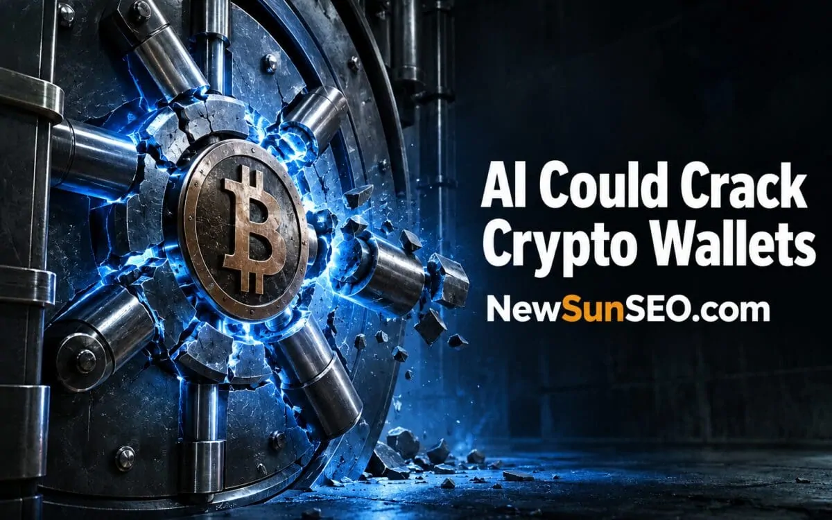 Vault door breaking open to expose a Bitcoin symbol as AI crypto wallet cryptography