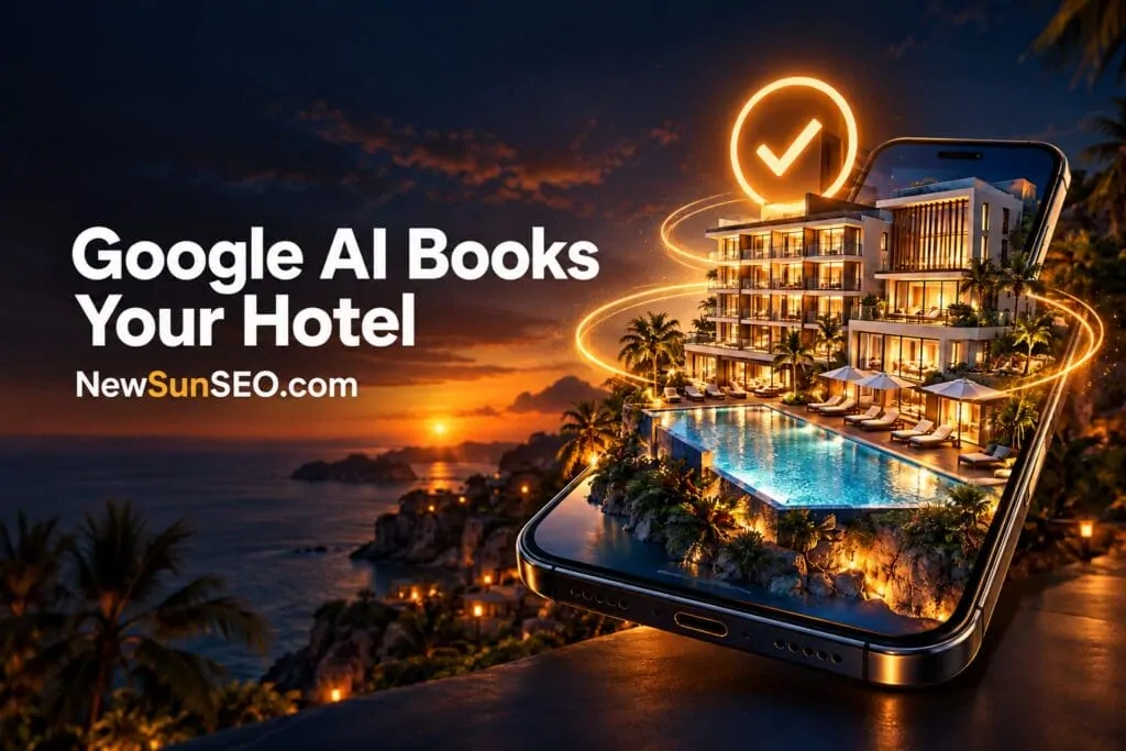 AI Mode travel booking shown on a smartphone displaying a clifftop resort