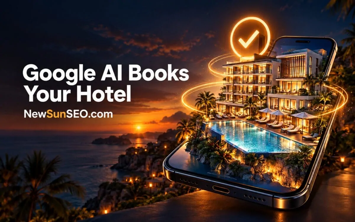 AI Mode travel booking shown on a smartphone displaying a clifftop resort