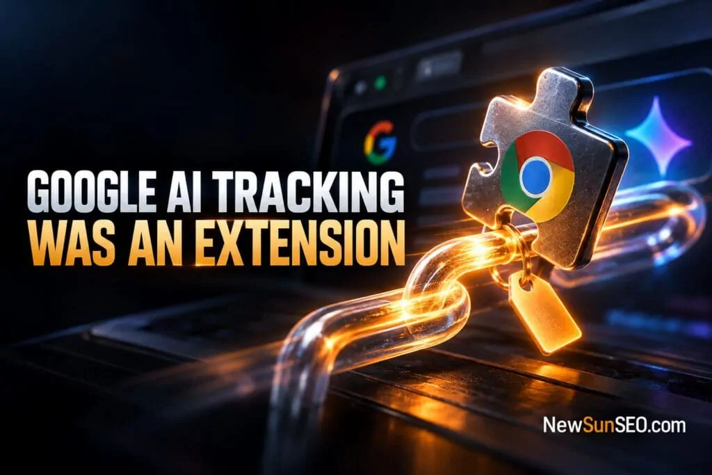 Glowing chain links and a Chrome puzzle piece symbolizing AI overview tracking by Google