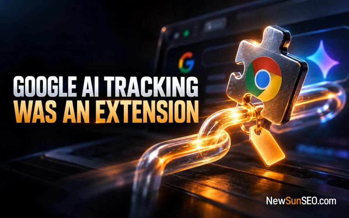 Glowing chain links and a Chrome puzzle piece symbolizing AI overview tracking by Google