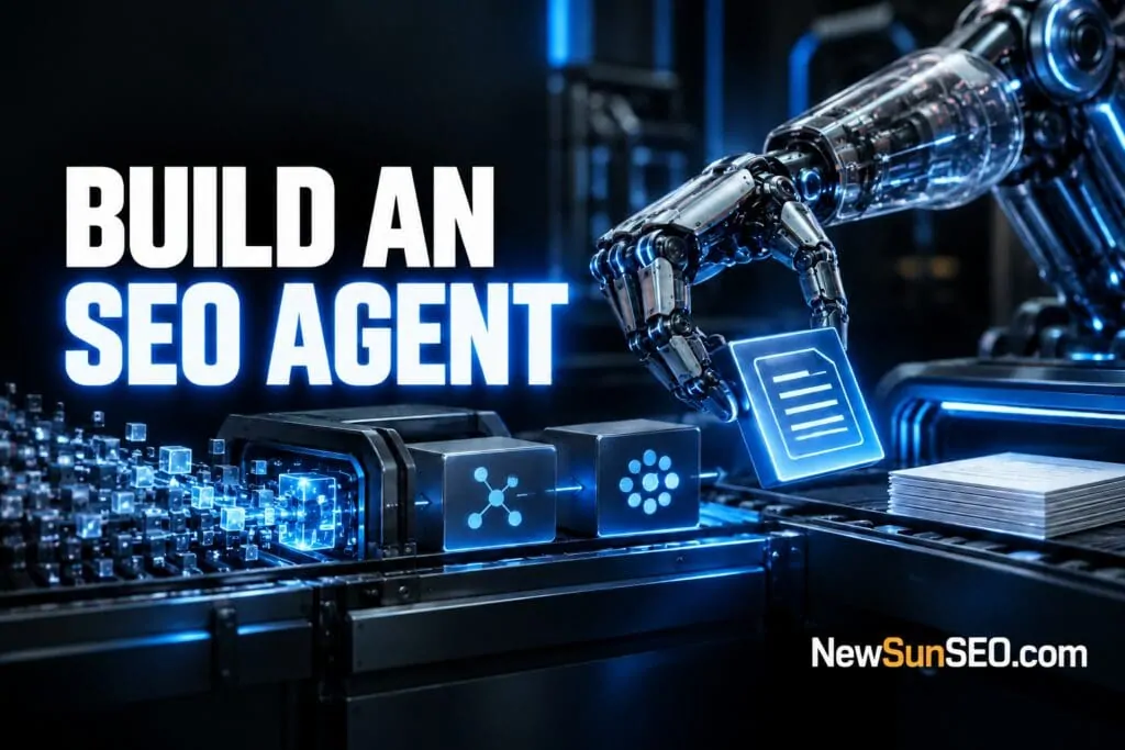Robotic arm assembling an AI SEO agent workflow on a production line