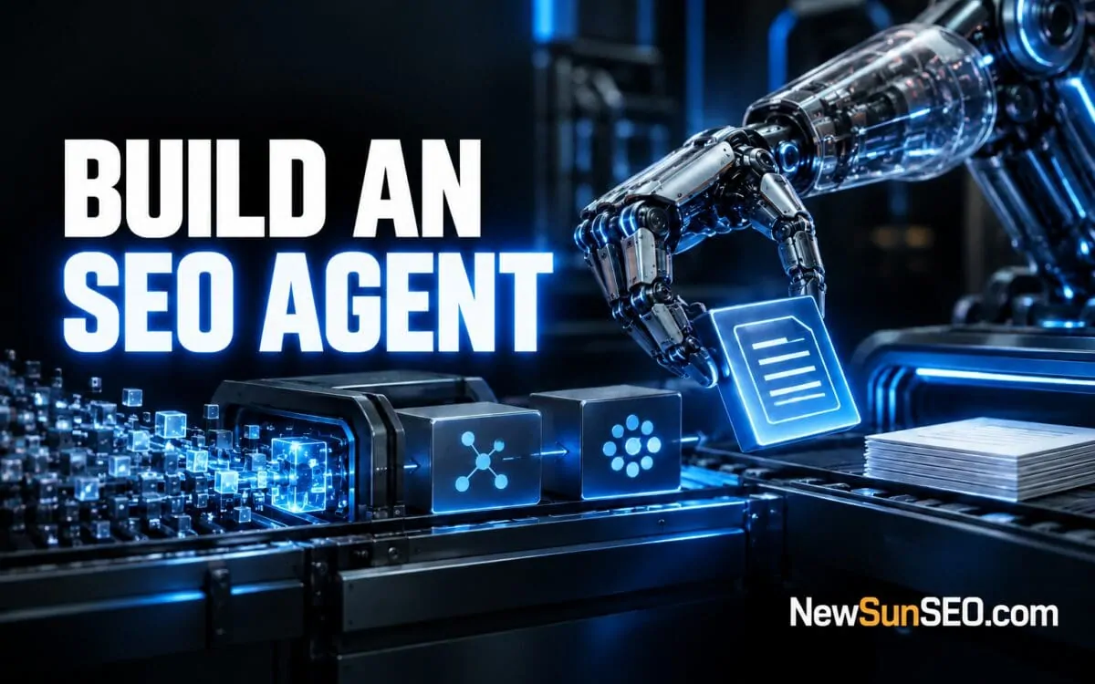 Robotic arm assembling an AI SEO agent workflow on a production line