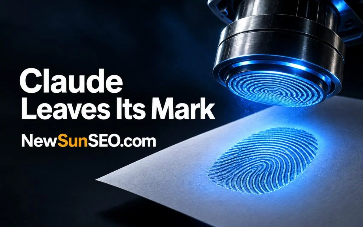 Metallic device stamping a glowing blue fingerprint representing Anthropic AI watermarking on paper