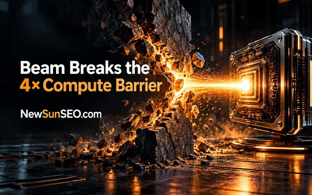 Glowing processor represents the Beam open-weight AI model shattering a compute barrier