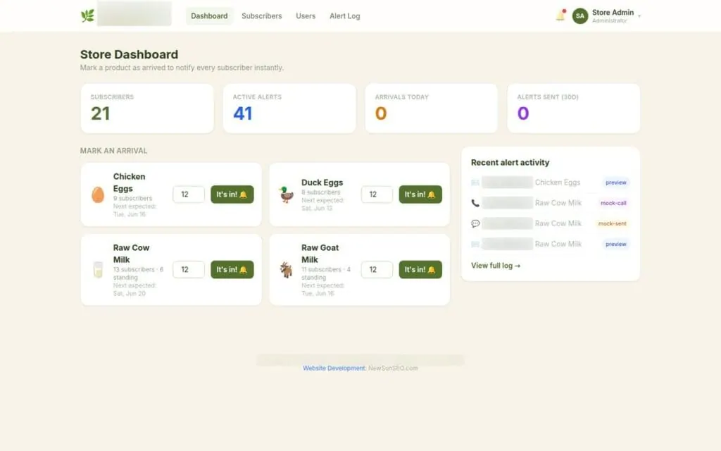 Store dashboard of the fresh arrival alerts app with subscriber counts and one-tap It is in buttons for eggs and raw milk
