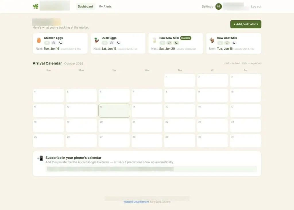 Customer dashboard showing tracked products, next expected arrivals and the arrival calendar