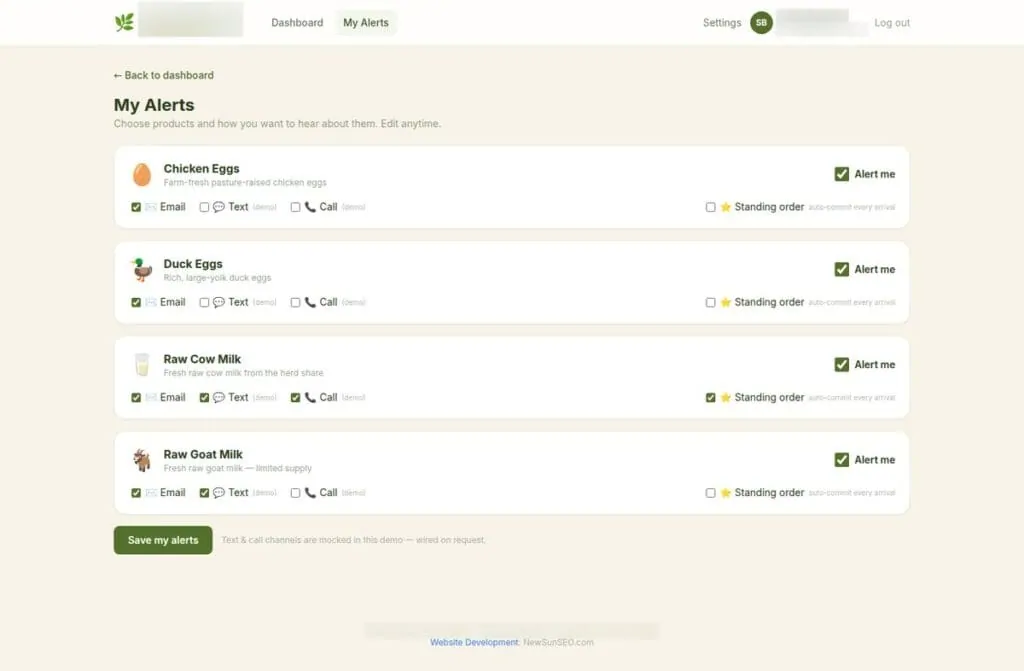 Customer alert settings: choose products and email, text or call for each, plus standing orders