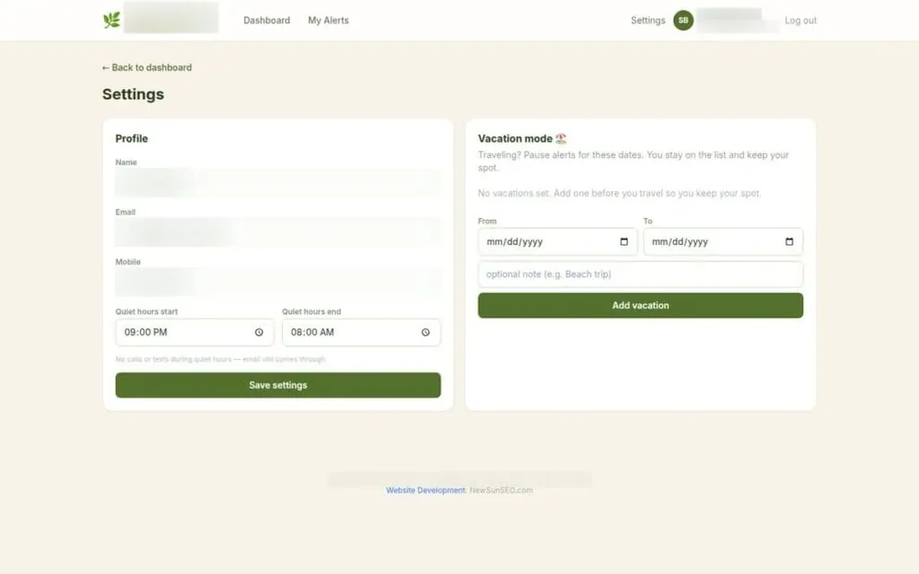 Customer settings with quiet hours and vacation mode to pause alerts while traveling