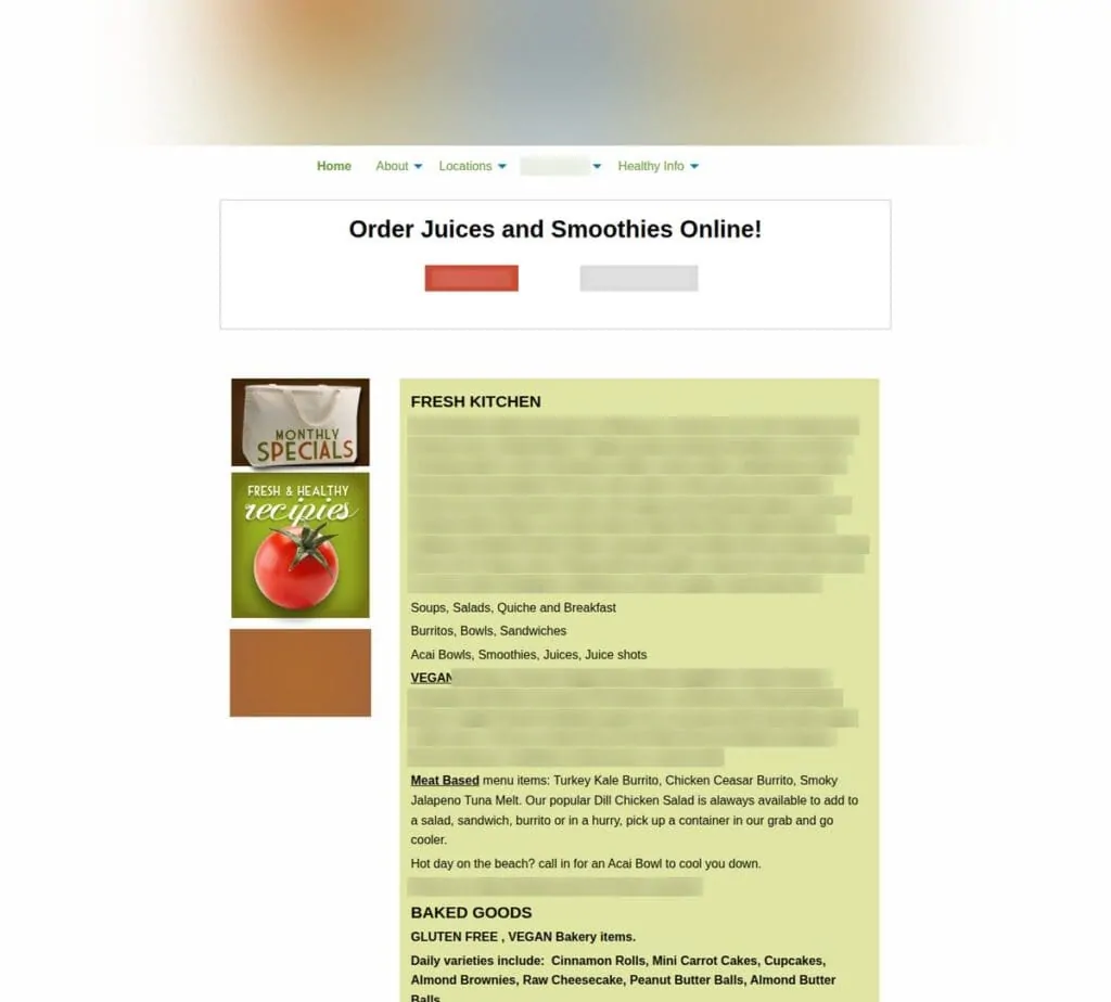 Recovered natural foods market website: kitchen page with menu sections, rebuilt from archived snapshots (identifying details blurred)