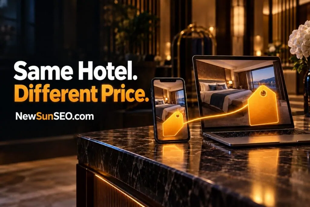 Hotel listings shown on phone and laptop illustrating booking partner prices