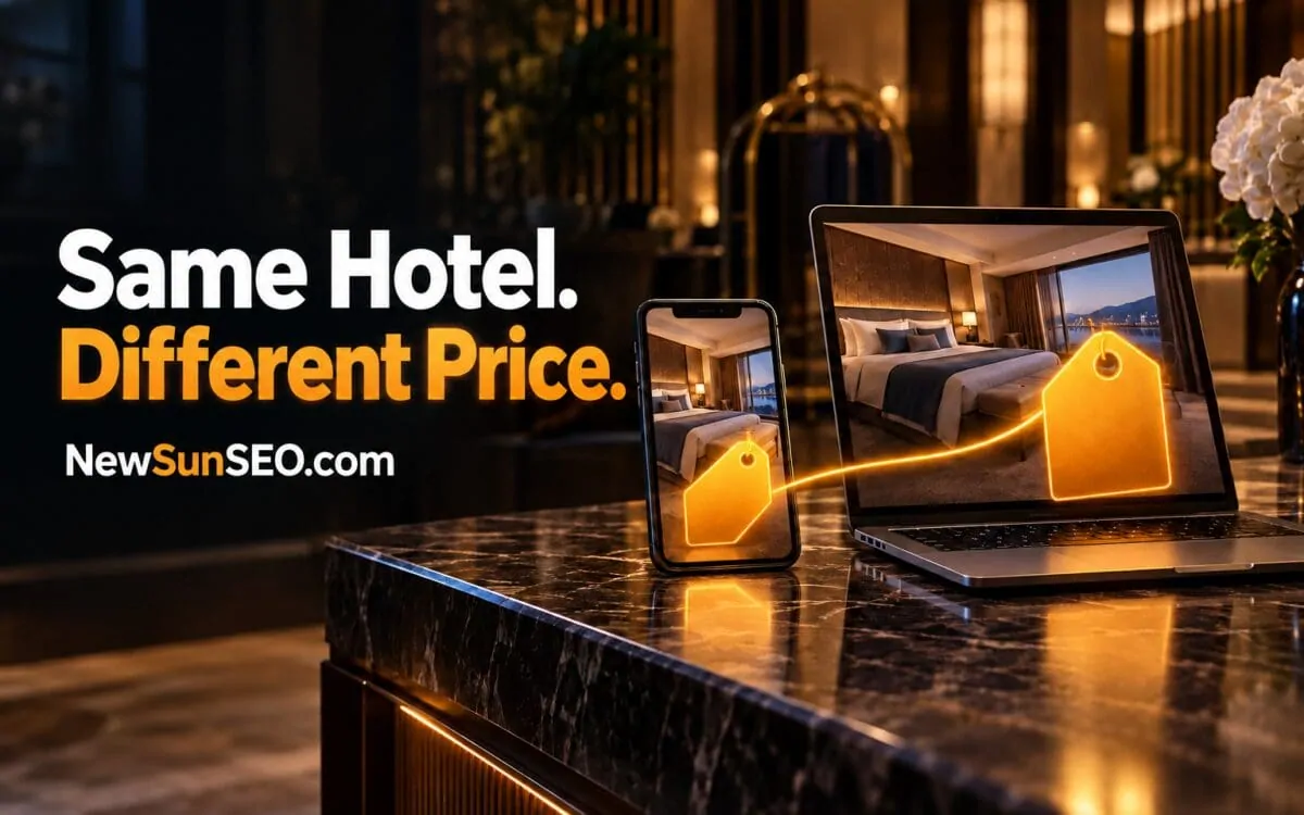 Hotel listings shown on phone and laptop illustrating booking partner prices