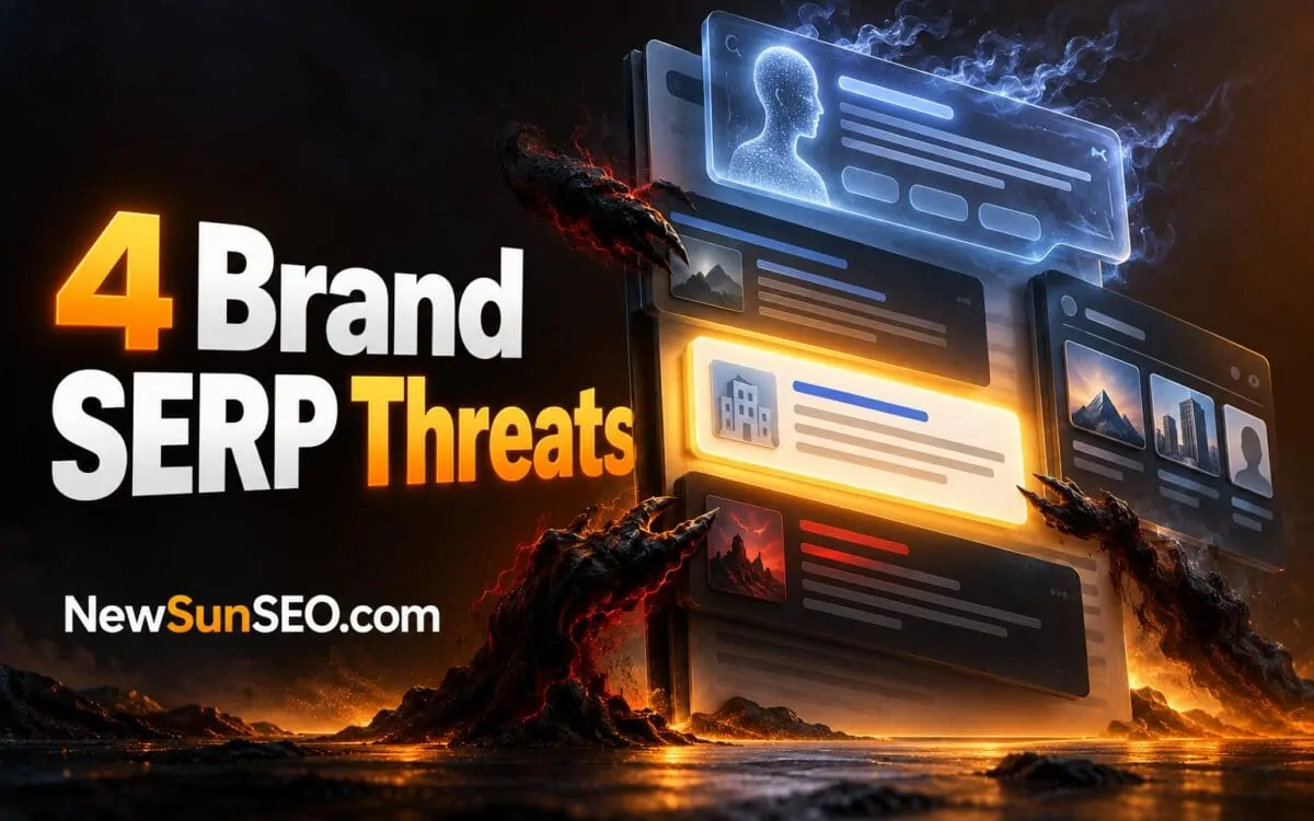 Dark clawed hands threatening glowing branded search results on a stack of panels