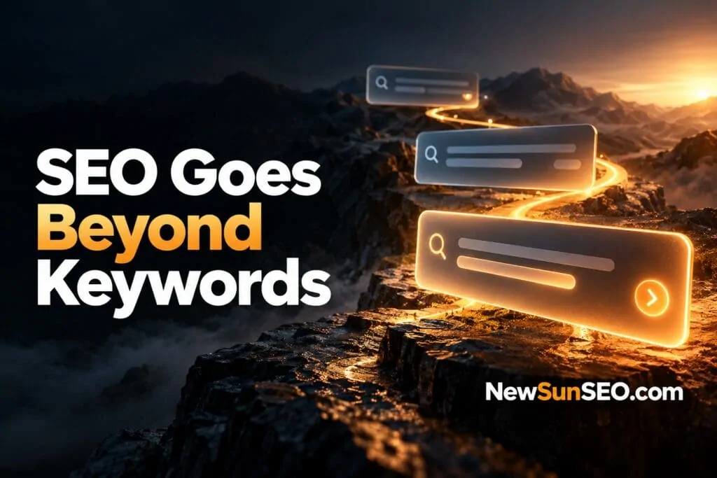 Glowing search bar interfaces ascending a mountain landscape representing conversational search