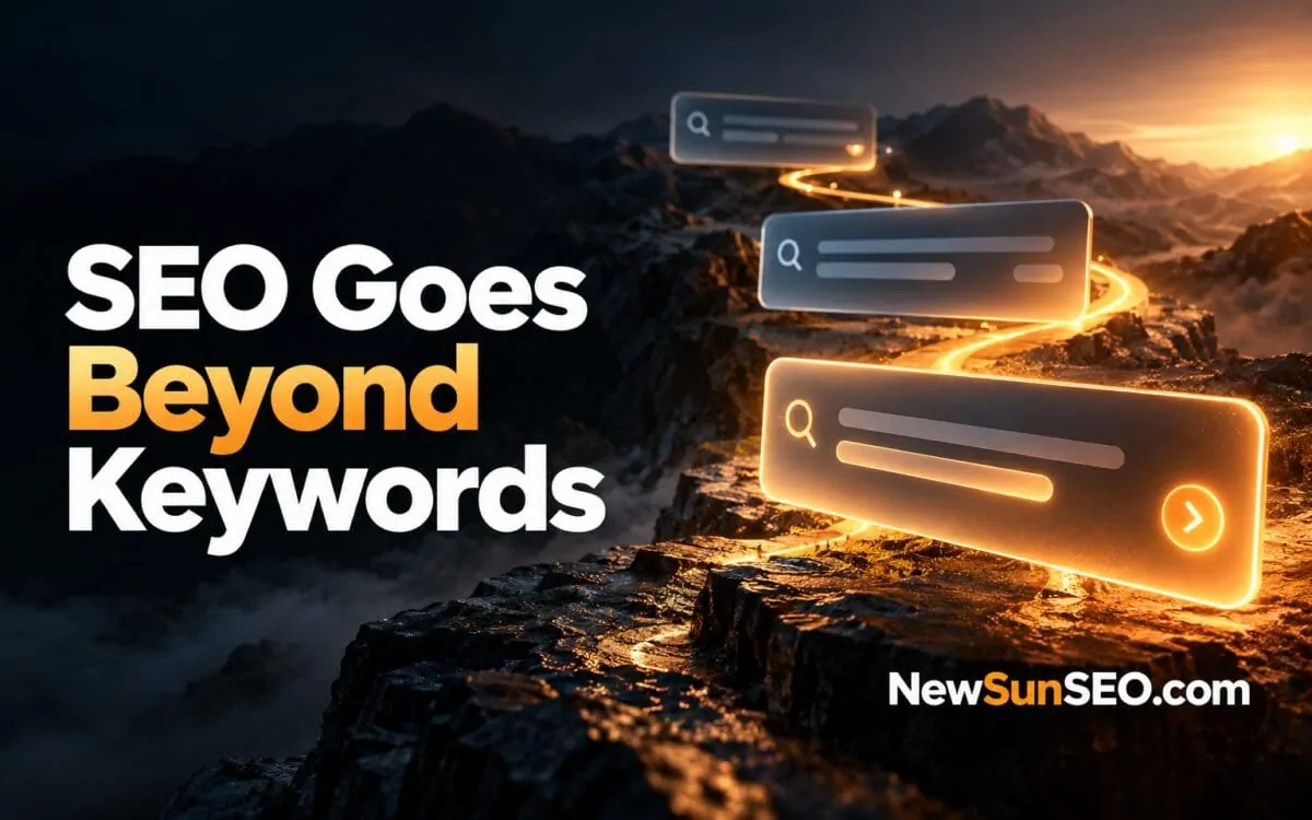 Glowing search bar interfaces ascending a mountain landscape representing conversational search