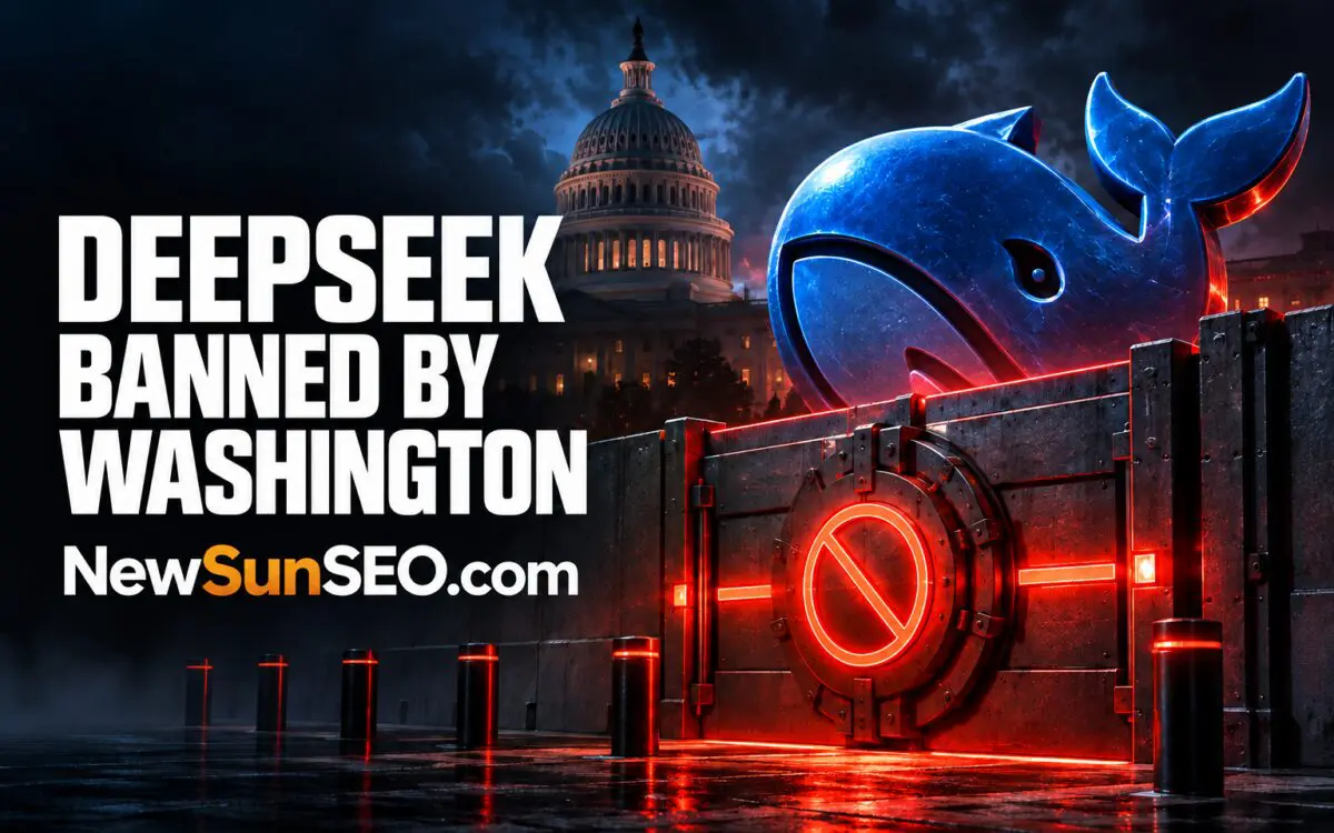DeepSeek federal ban depicted as a whale blocked by a Capitol gate