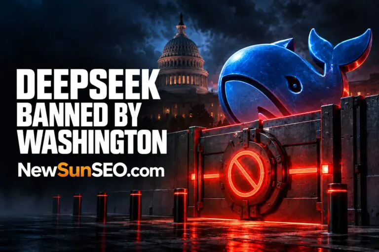 DeepSeek federal ban depicted as a whale blocked by a Capitol gate