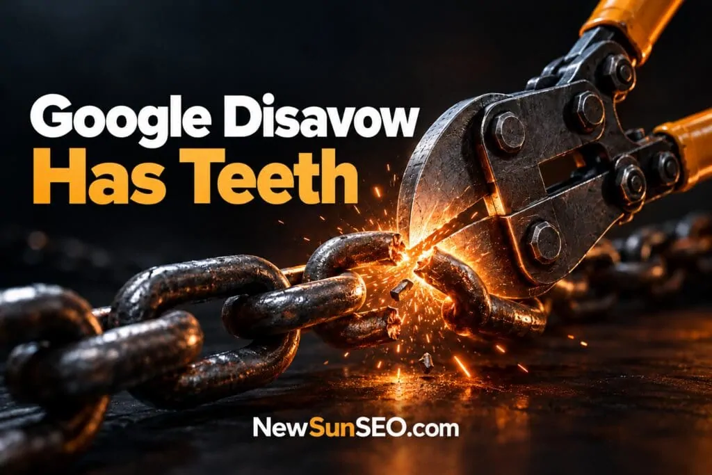 Bolt cutters snapping a rusty chain, illustrating the disavow tool breaking harmful backlinks