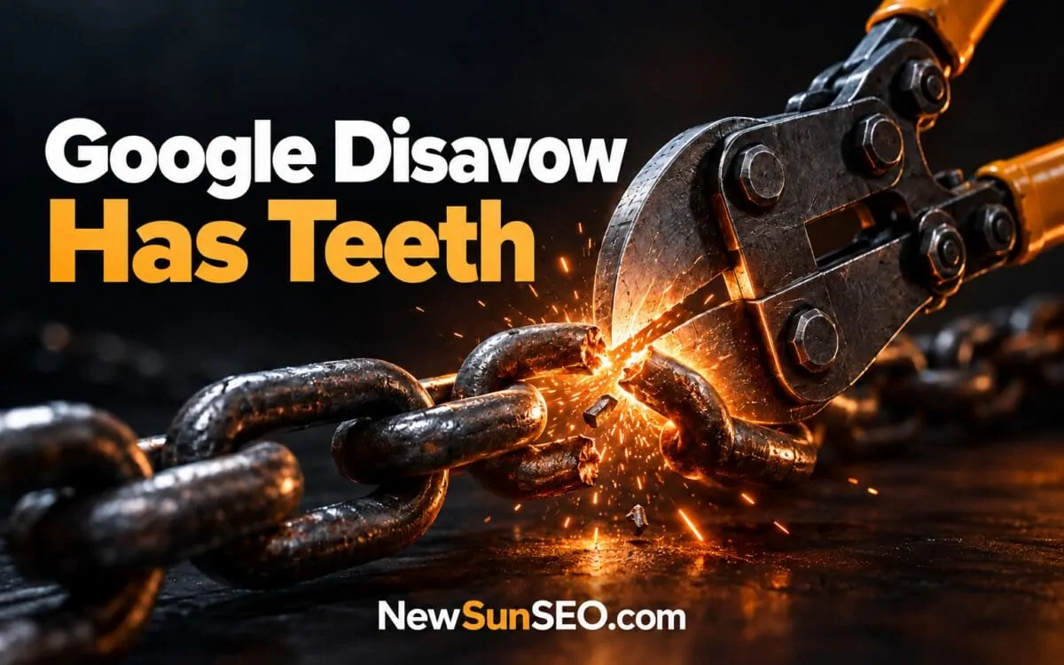 Bolt cutters snapping a rusty chain, illustrating the disavow tool breaking harmful backlinks