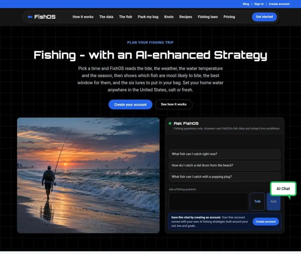 FishOS home page with the AI-enhanced strategy headline, a beach photo and the Ask FishOS assistant