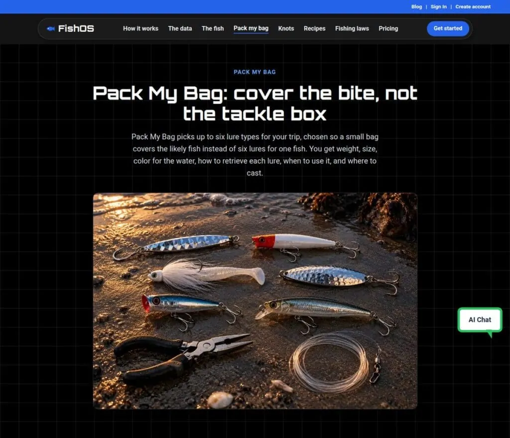 FishOS Pack My Bag page with six fishing lures laid out on the sand