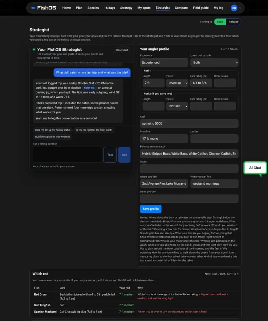 FishOS Strategist chat beside the angler profile, with a rod recommendation for each species