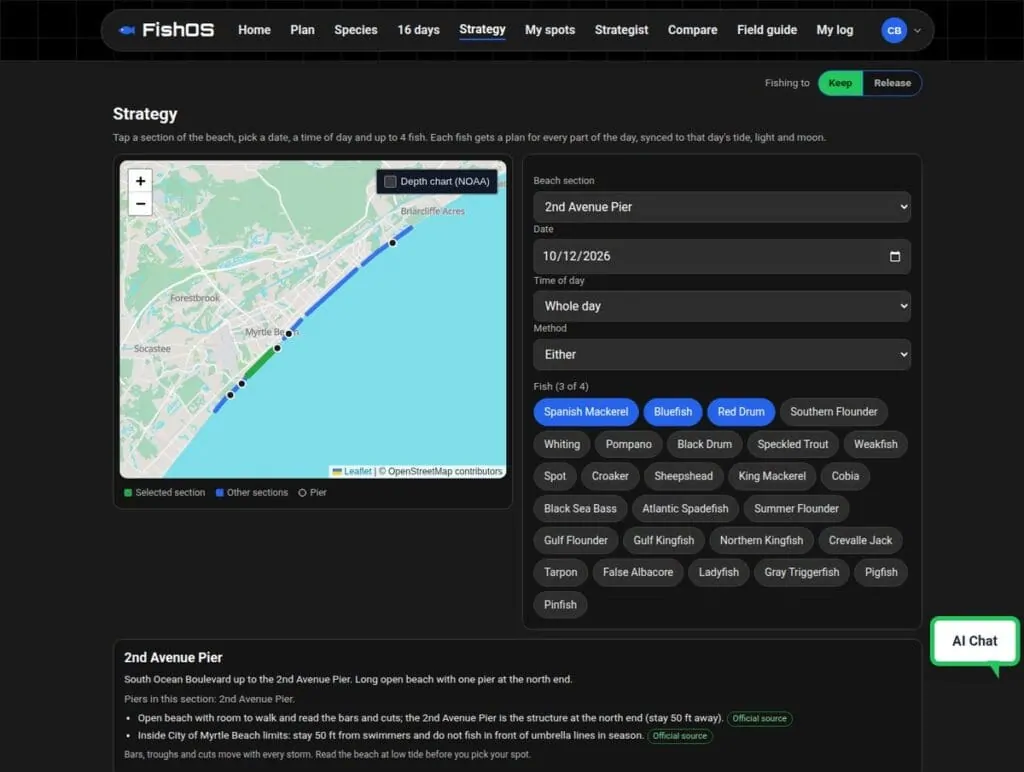 FishOS Strategy page with a shoreline map, beach section, date, method and species picker