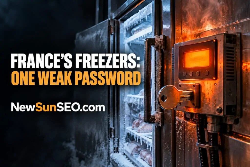 Frost-covered supermarket freezer door left unsecured, illustrating the French freezer hack