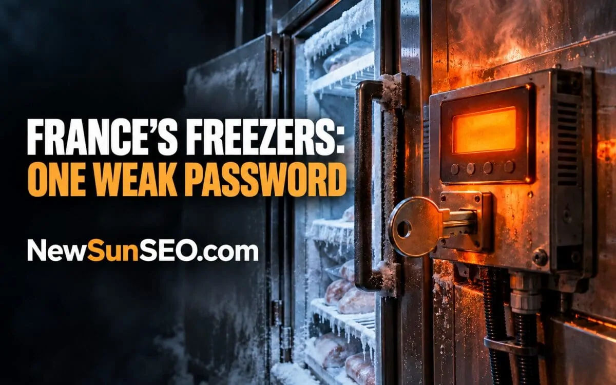 Frost-covered supermarket freezer door left unsecured, illustrating the French freezer hack