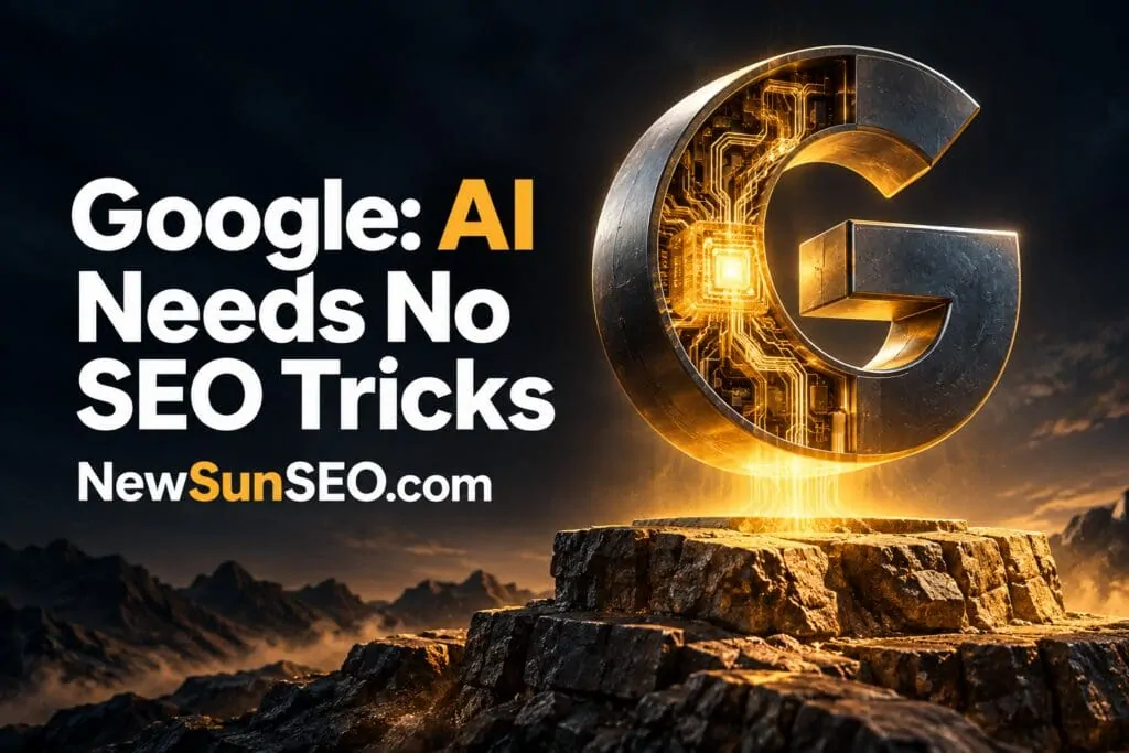 Glowing Google G emblem hovering over a rocky pedestal for generative AI SEO context