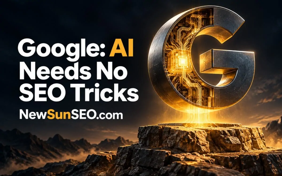 Glowing Google G emblem hovering over a rocky pedestal for generative AI SEO context