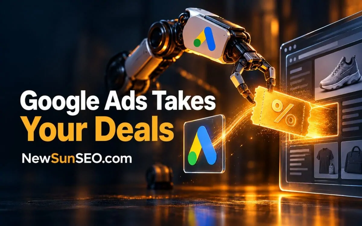 Robotic arm pulling a glowing coupon from a website representing Google Ads automated promotions