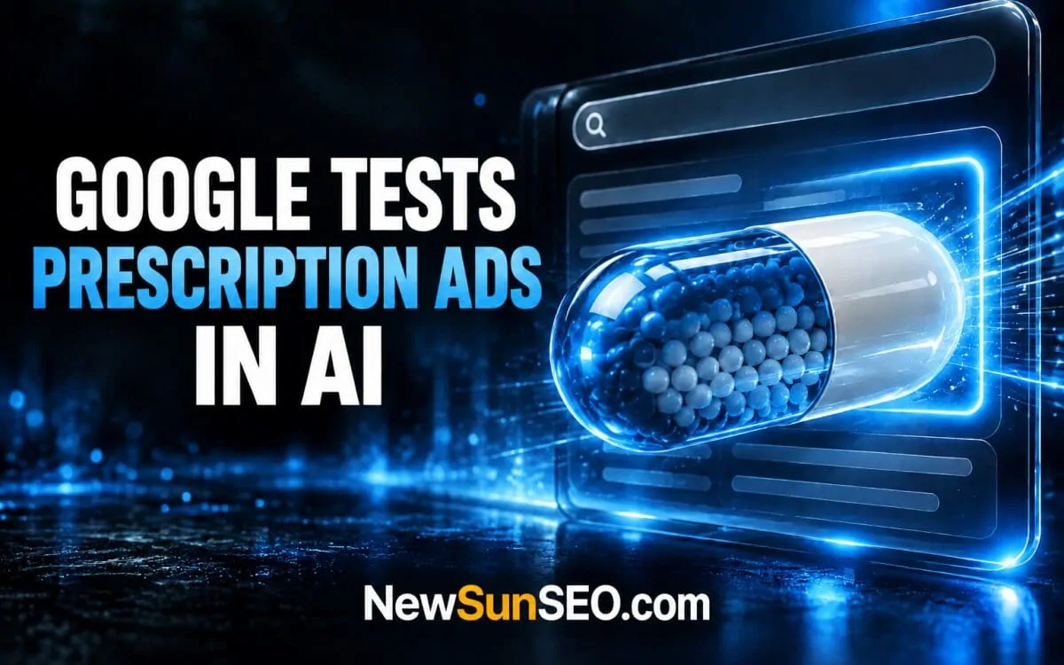 A glowing blue pharmaceutical capsule overlaying a Google search screen for AI ads