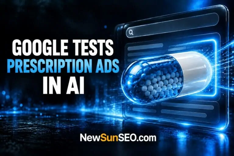 A glowing blue pharmaceutical capsule overlaying a Google search screen for AI ads