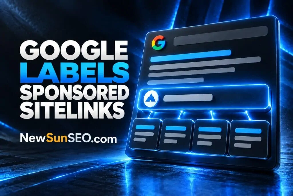 Google Ads sitelinks test display rendered as glowing blue interface mockup