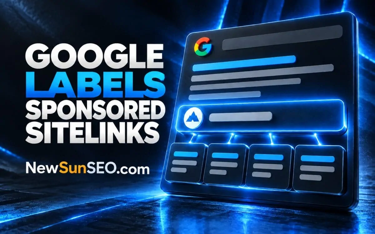 Google Ads sitelinks test display rendered as glowing blue interface mockup