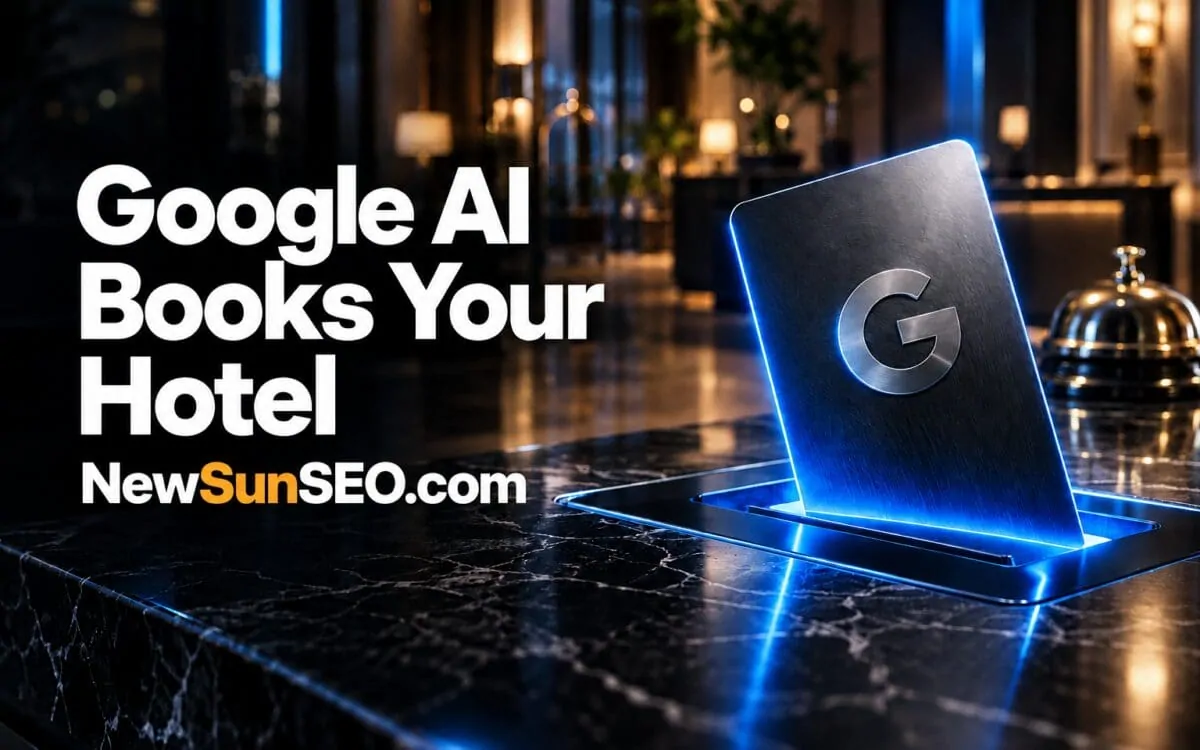 Glowing Google AI Mode booking display on a marble hotel counter